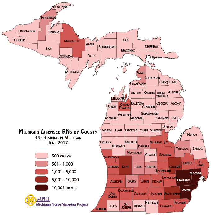 Michigan RNs by county map
